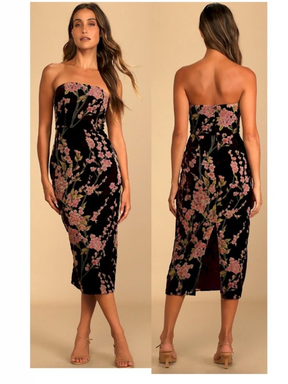 Lulus Buy You Flowers Plum Floral Print Velvet Strapless Midi Dress Small New